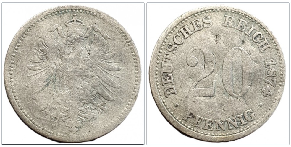  Deutschland 20 Pfennig, 1874 Prägezeichen: H - Darmstadt Silber   