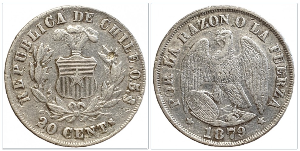  Chile 20 Centavos 1879 – Republik – Silber – Variante ohne Strich unter „S“ in „CENTs“   