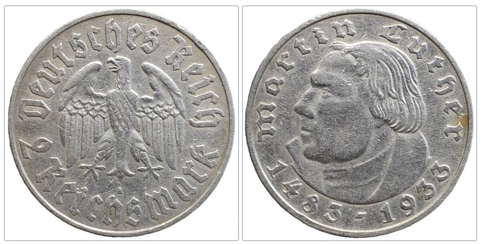  Deutsches Reich 2 Reichsmark 1933 A – 450. Geburtstag Martin Luther – Berlin – Silber   