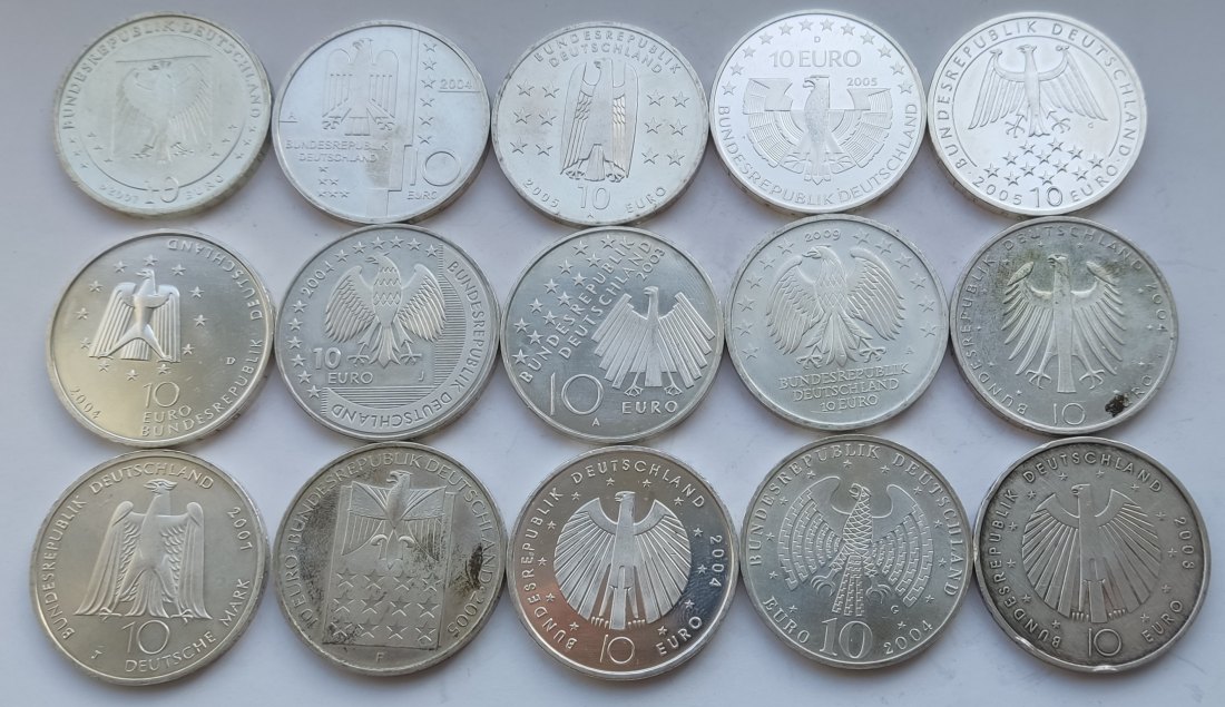  Germany, 15 × 10 marks/euros. 248 grams of pure silver   