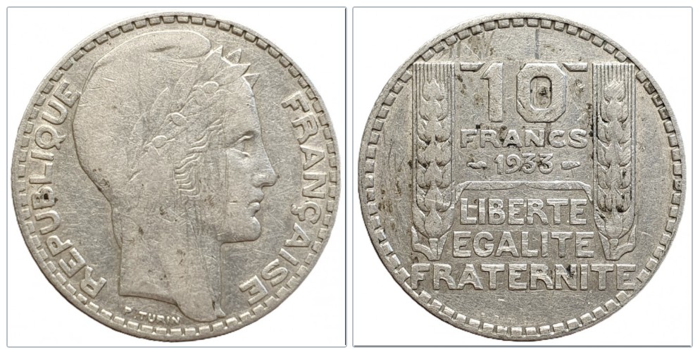  Frankreich 10 Franken 1933 Silber 6,8g fein   