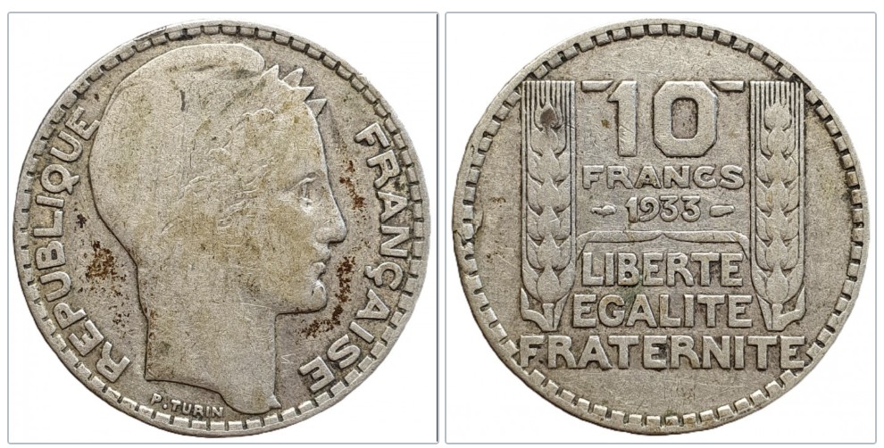  Frankreich 10 Franken 1933 Silber 6,8g fein   