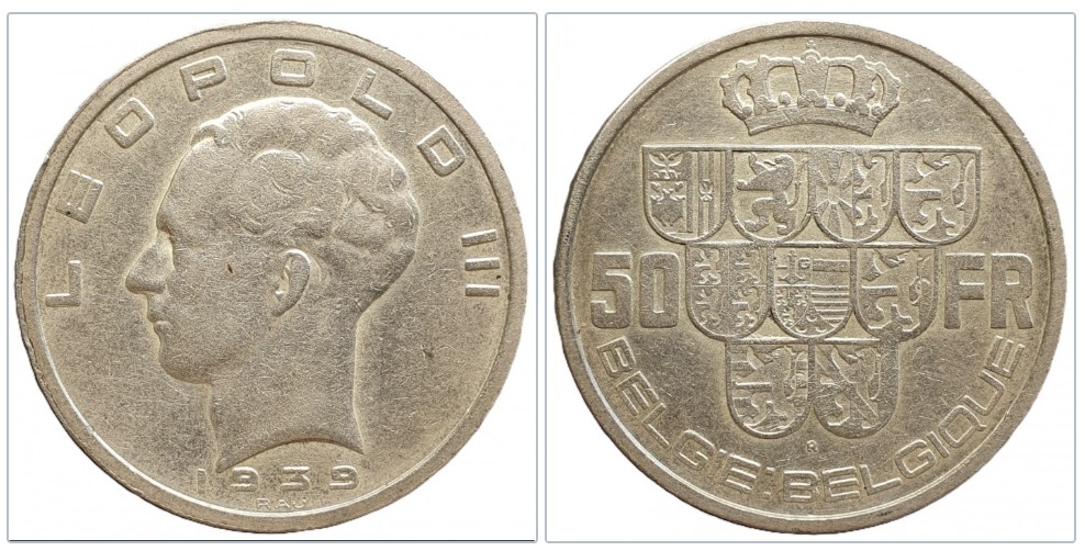  Belgien 50 Franken 1939 Legende - 'BELGIE:BELGIQUE' Silber 16,7g fein   