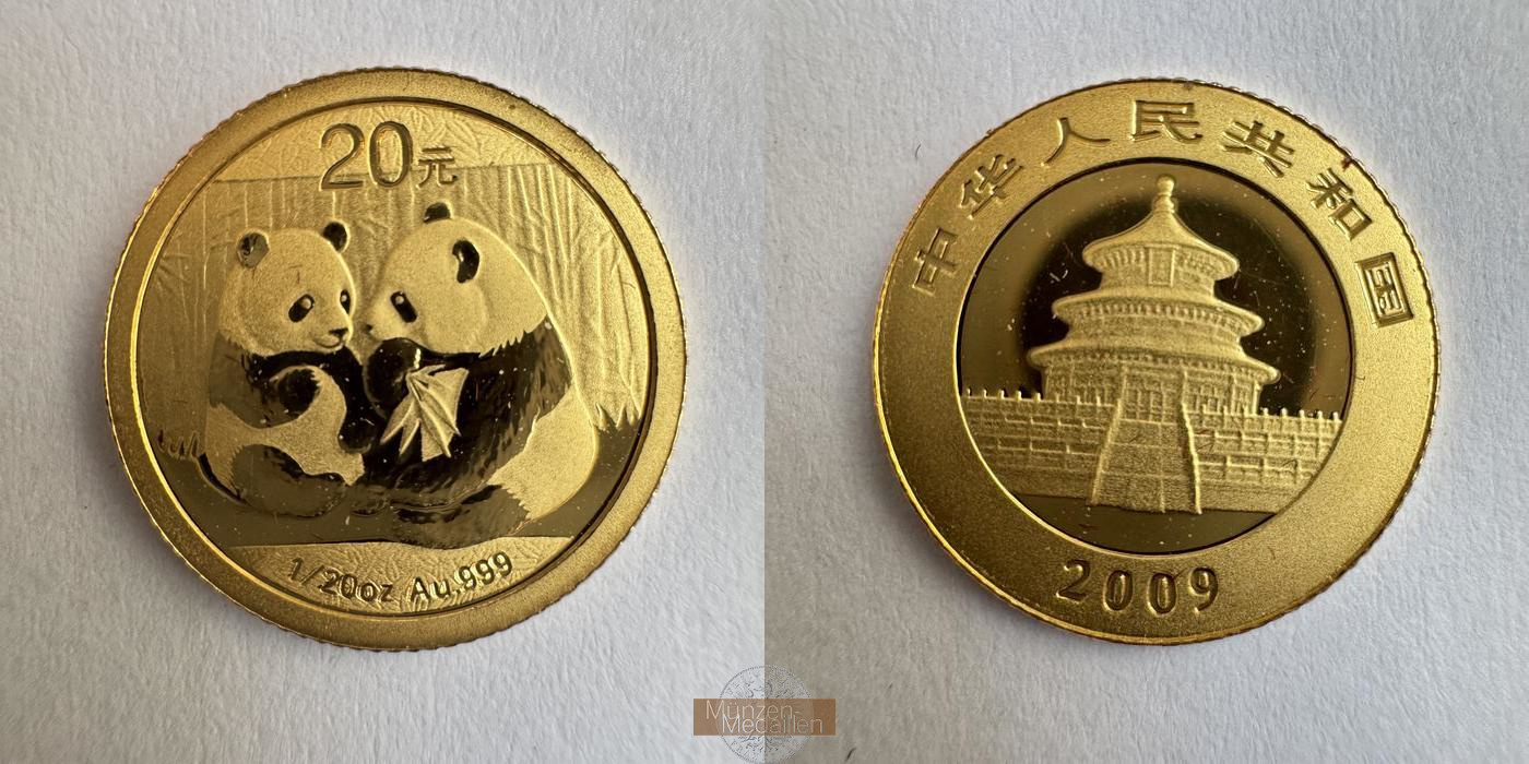 China  20 Yuan MM-Frankfurt Feingold: 1,56g Zwei Pandas 2009 