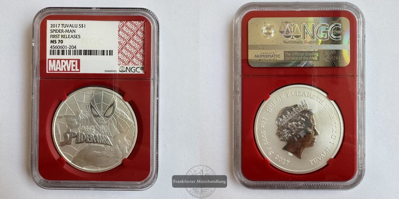  Tuvalu / 1 Dollar (Spider-man) 2017 MS 70 NGC Graded FM-Frankfurt KM#380 Feinsilber: 31,1g   