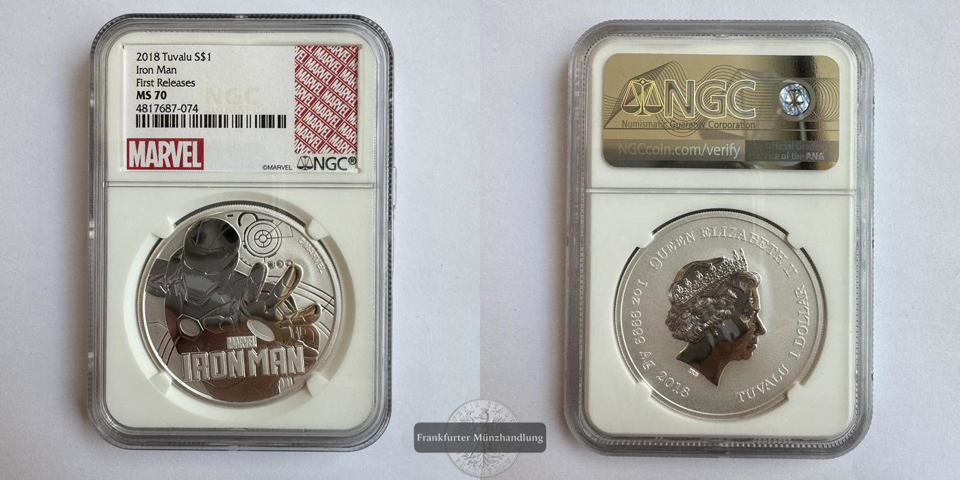  Tuvalu / 1 Dollar (Iron Man) 2018 MS 70 NGC Graded FM-Frankfurt KM#398 Feinsilber: 31,1g   