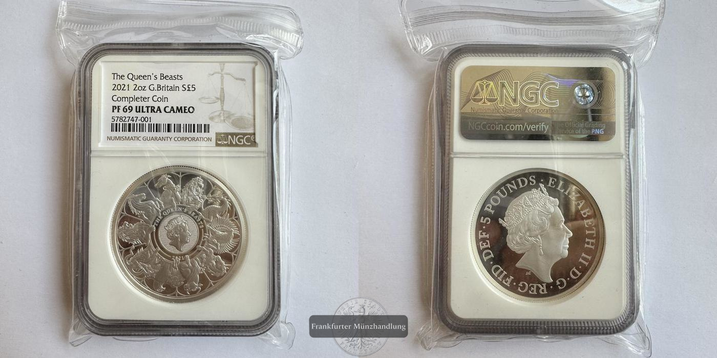  GB / 5 Pounds (The Queen's Beasts Completer) 2021 NGC-Graded FM-Frankfurt KM#2042 Feinsilber: 62,4g   