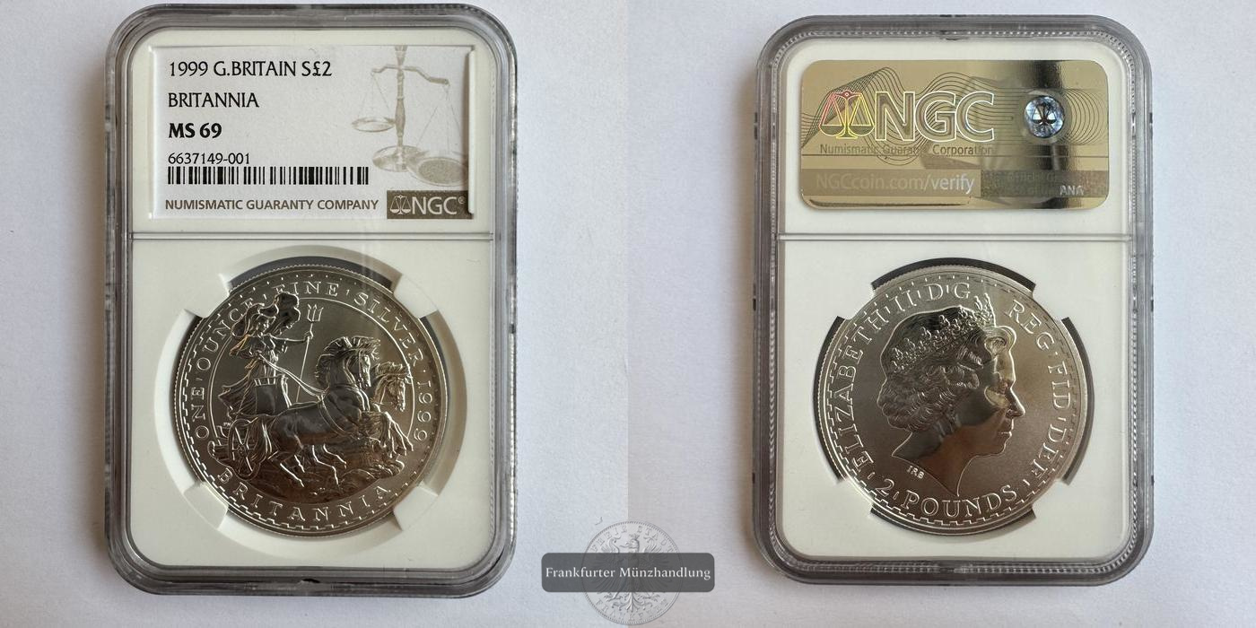  GB / 2 Pounds 1999 Britannia NGC-Graded (MS 69) FM-Frankfurt KM#1000 Feinsilber: 31g   