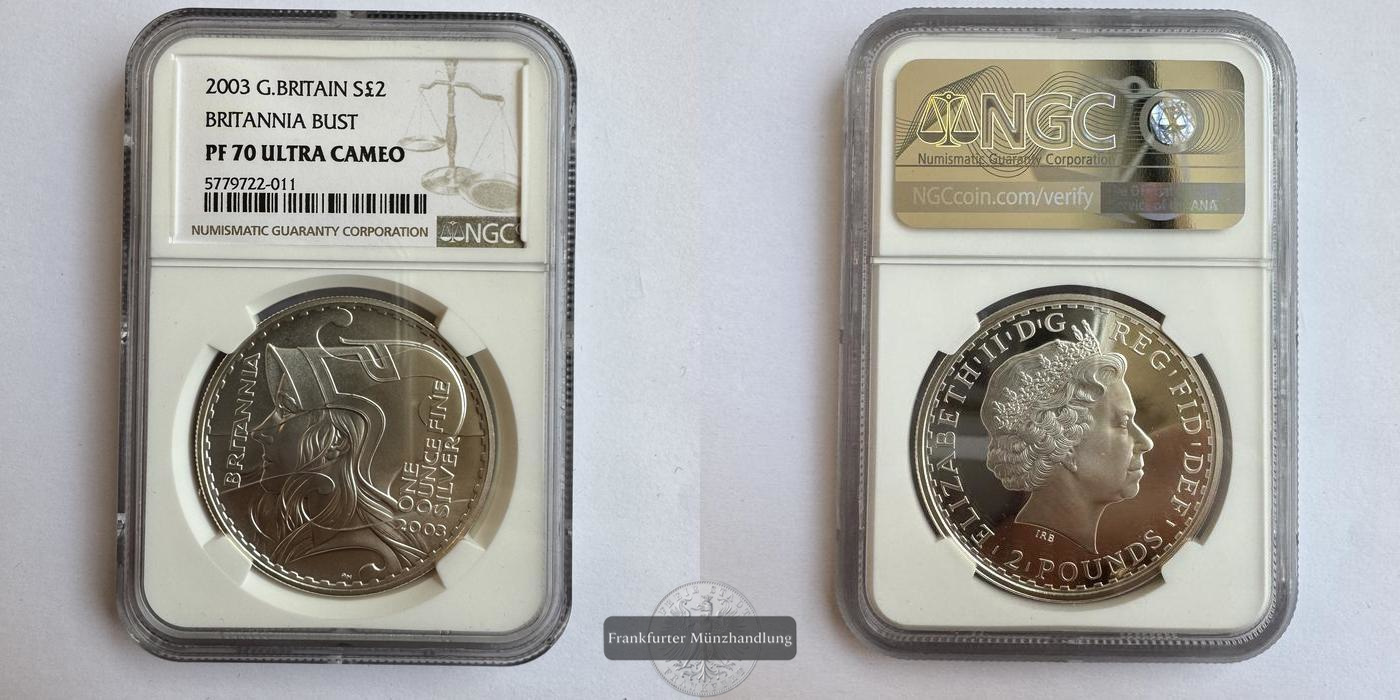  GB / 2 Pounds 2003 Britannia Bust NGC-Graded (PF 70) FM-Frankfurt KM#1039 Feinsilber: 31g   