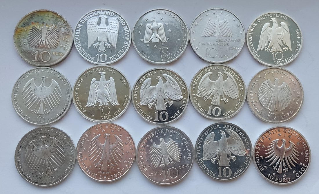  Germany, 15 × 10 marks/euros. 217 grams of pure silver   