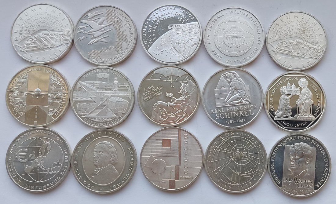 Germany, 15 × 10 marks/euros. 245 grams of pure silver   