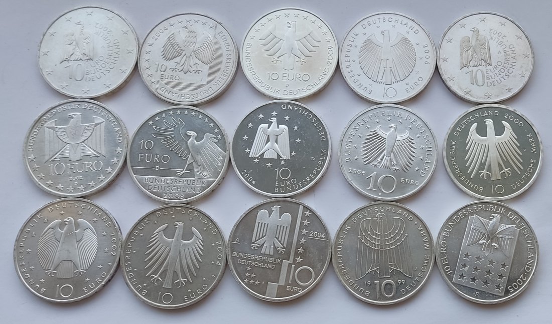 Germany, 15 × 10 marks/euros. 245 grams of pure silver   