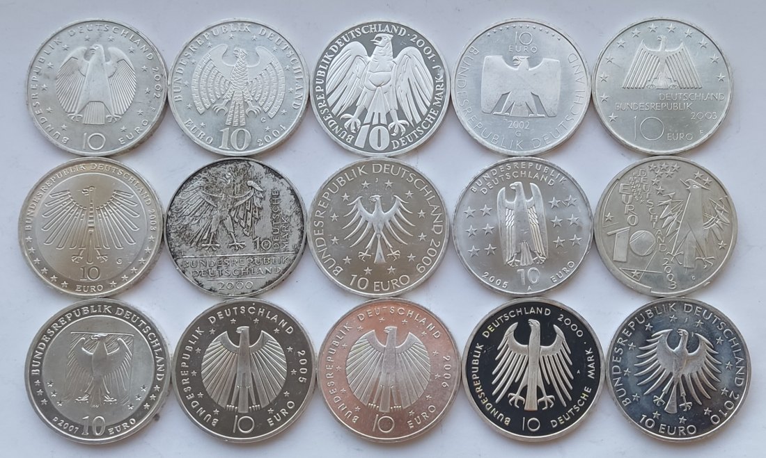  Germany, 15 × 10 marks/euros. 243 grams of pure silver   