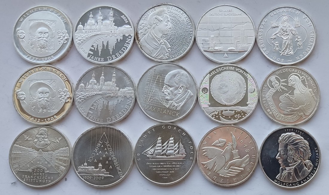  Germany, 15 × 10 marks/euros. 241 grams of pure silver   