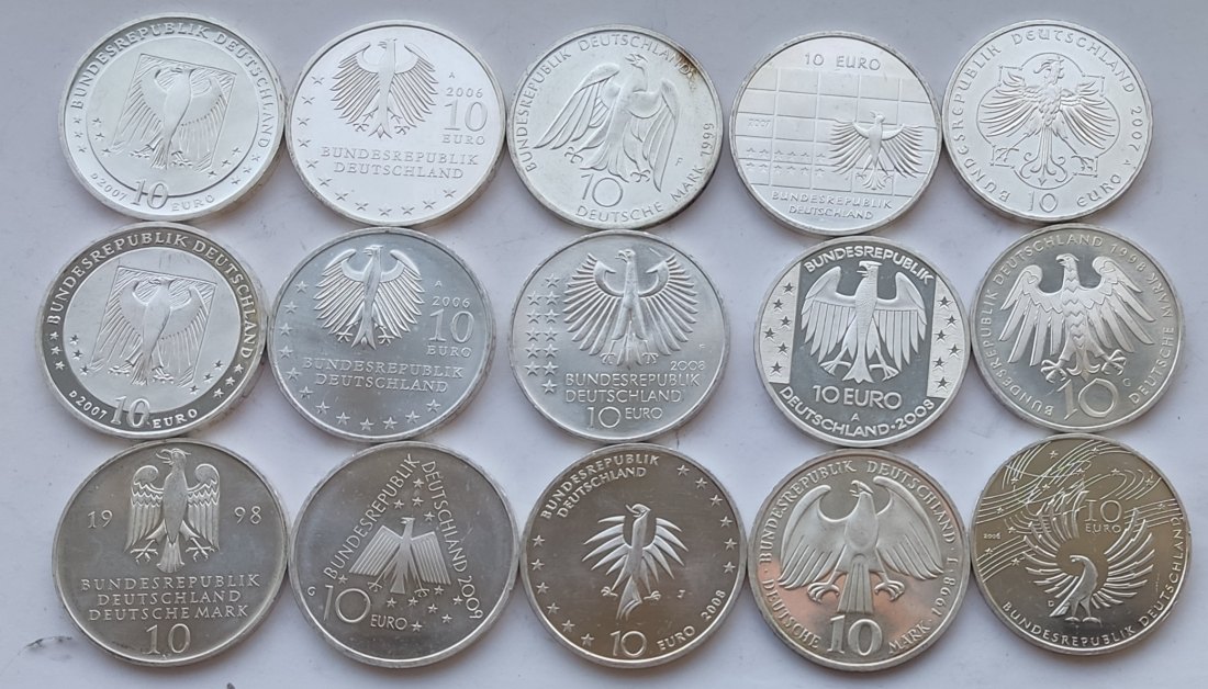  Germany, 15 × 10 marks/euros. 241 grams of pure silver   