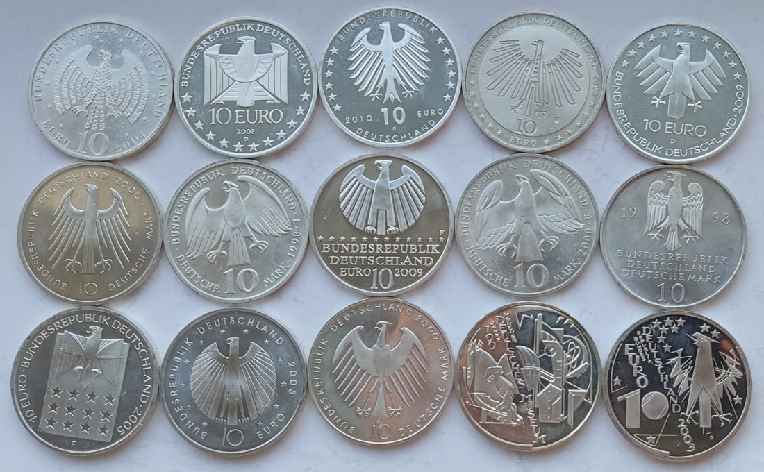 Germany, 15 × 10 marks/euros. 238 grams of pure silver   