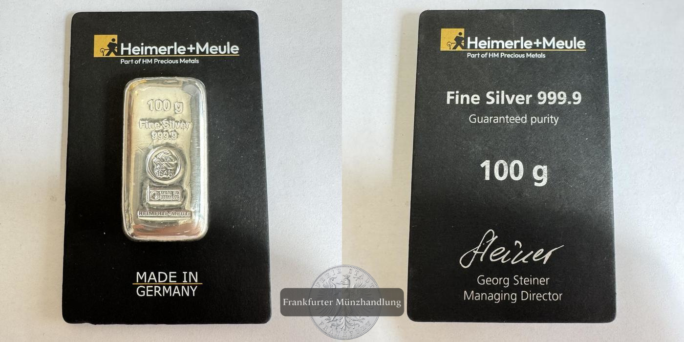  Deutschland. Silberbarren 100g Heimerle&Meule  FM-Frankfurt   Feinsilber: 999,9g   