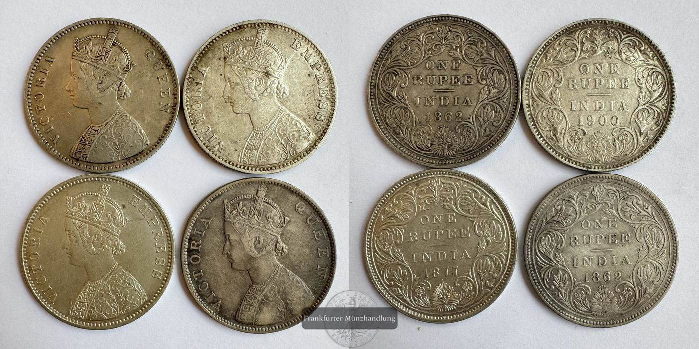  Lot: Indien / 4x 1 Rupee Victoria div. Jg. FM-Frankfurt Feinsilber: 42,77g   