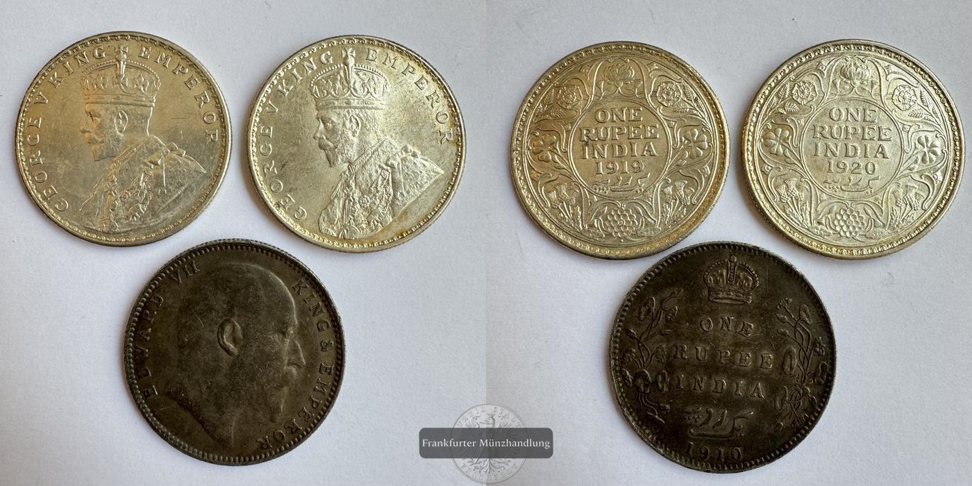  Lot: Indien / 3x 1 Rupee 1x Edward & 2x George V div. Jg. FM-Frankfurt Feinsilber: 32,07g   