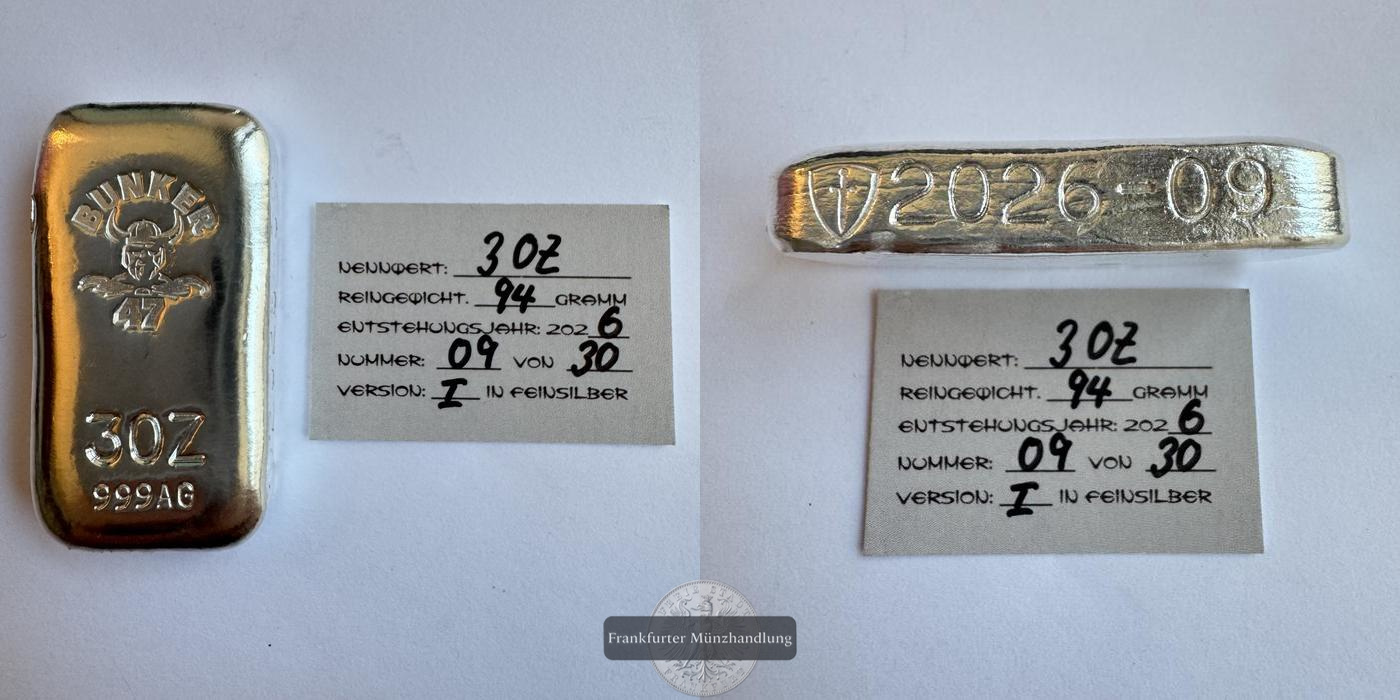  Deutschland / Bunker 47 3oz 2026 Silberbarren FM-Frankfurt Feinsilber: 94,23g   