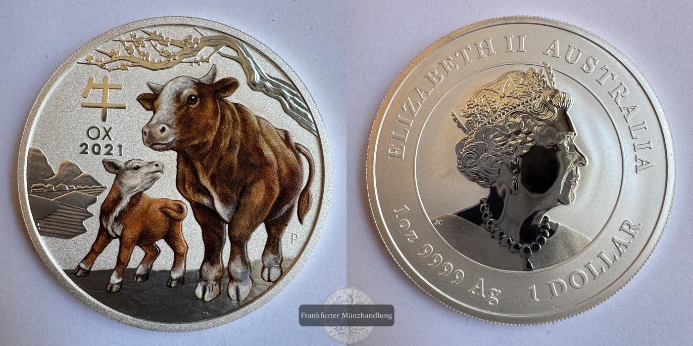  Australien / 1 Dollar 2021 Jahr des Ochsen/Ox (Coloured) FM-Frankfurt KM#4145.1 Feinsilber: 31,1g   