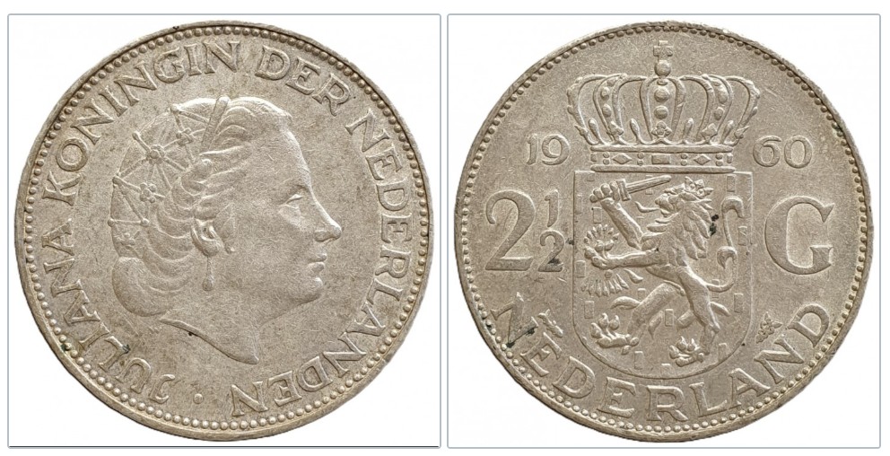  Niederlande 2½ Gulden 1960 Silber 10,8g fein   