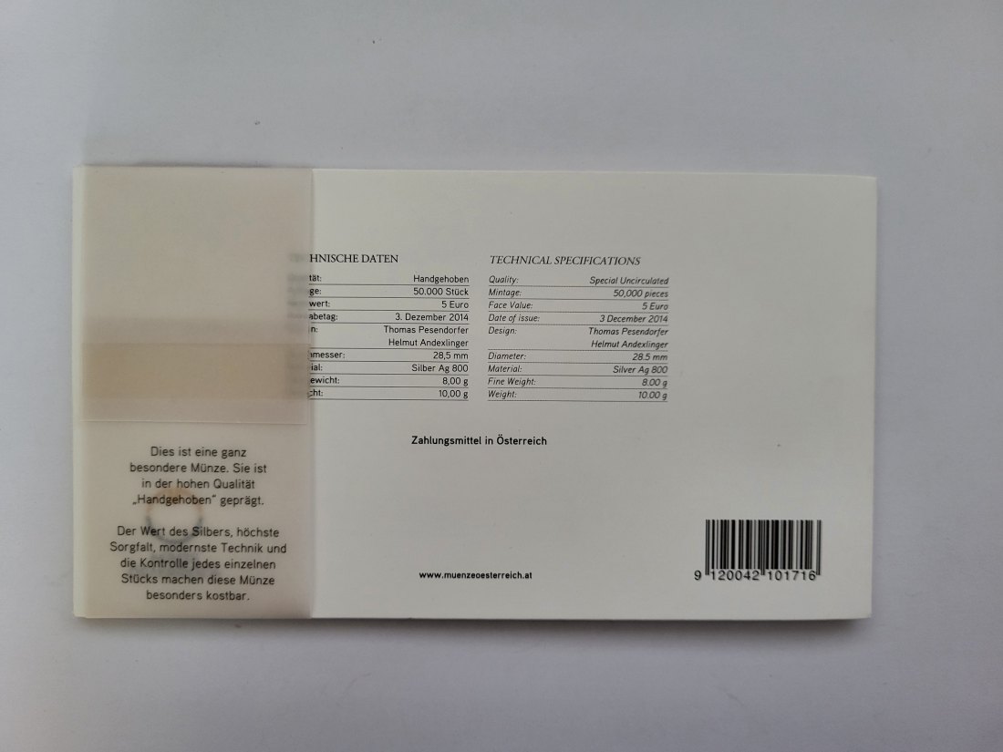  5 Euro 2014 Die Fledermaus Neujahrsmünze2015 silber 8g fein Blister Österreich Spittalgold9800 (4974   