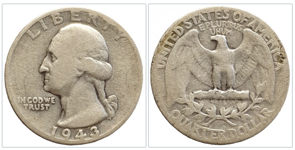  USA ¼ Dollar, 1943 Washington Quarter Silber 5,62g fein   