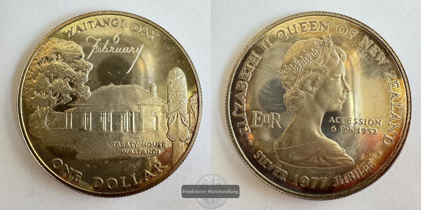  Neuseeland / 1 Dollar Elizabeth II (Waitangi Day) Proof 1977 FM-Frankfurt KM#46a Feinsilber: 26,16g   