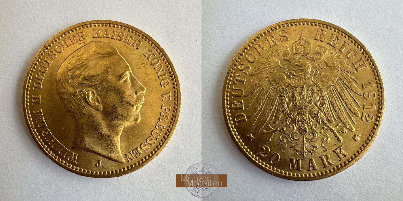 Dt. Kaiserreich Preussen,  20 Mark MM-Frankfurt KM#521 Feingold: 7,17g Wilhelm II 1912 J 