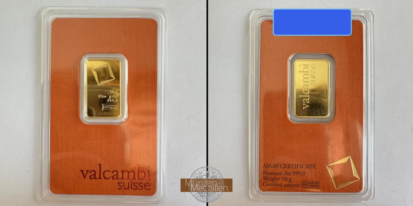 Valcambi Suisse Gold Barren 10g (Gold 0.9999) MM-Frankfurt Feingold: 10g   
