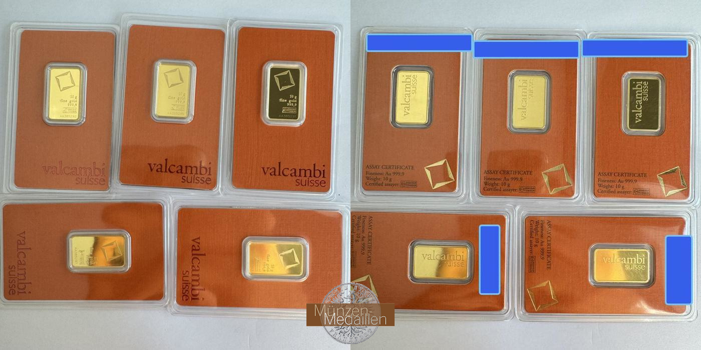  Valcambi Suisse Gold Barren 5x 10g (Gold 0.9999) MM-Frankfurt Feingold: 50g   