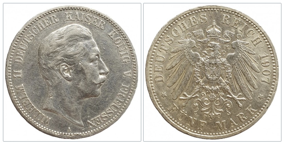  Deutsches Kaiserreich 5 Mark, 1907 A Wilhelm II. Preussen Silber 25g fein   