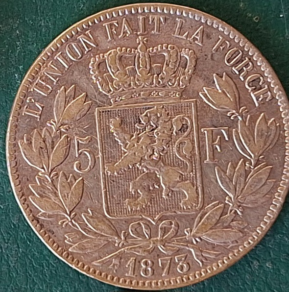  Belgien, 5 Francs 1873 König Leopold II Silber   