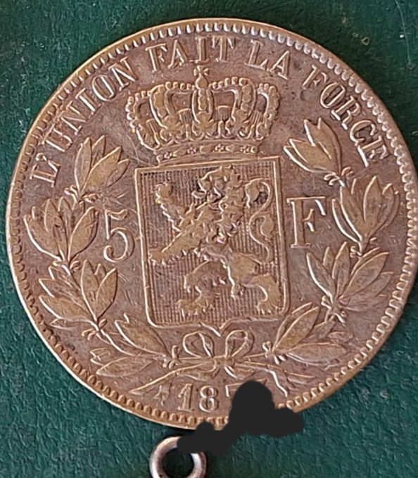  Belgien, 5 Francs 1869 König Leopold II Silber gehenkelt   