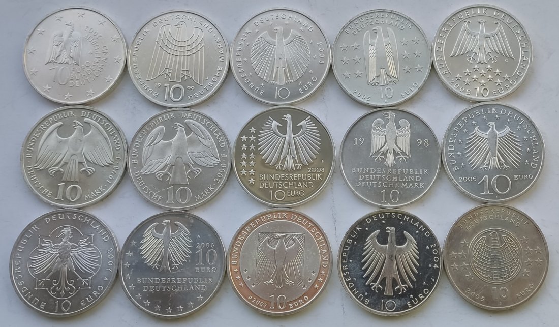  Germany, 15 × 10 marks/euros. 241 grams of pure silver   