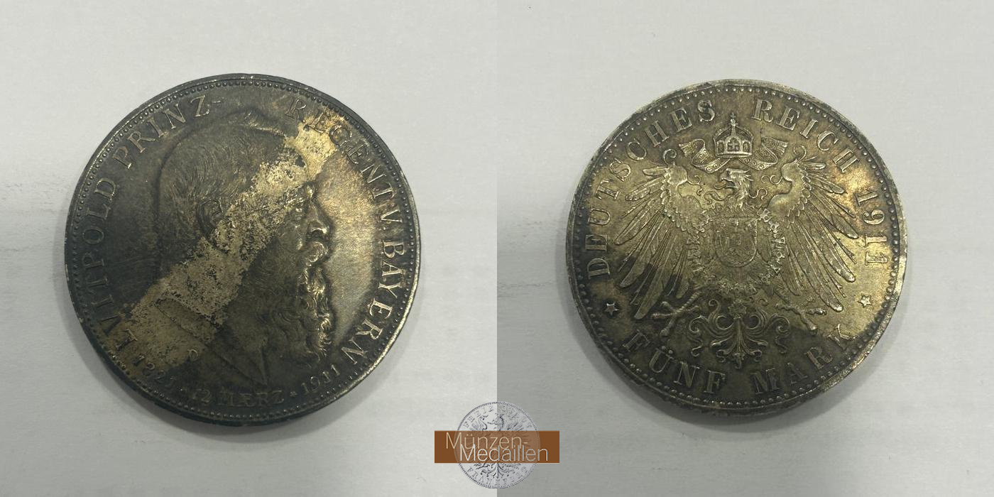 Deutsches Kaiserreich, Bayern.  5 Mark 1911 D.  FM-Frankfurt KM#999 Feinsilber: 25,00g   