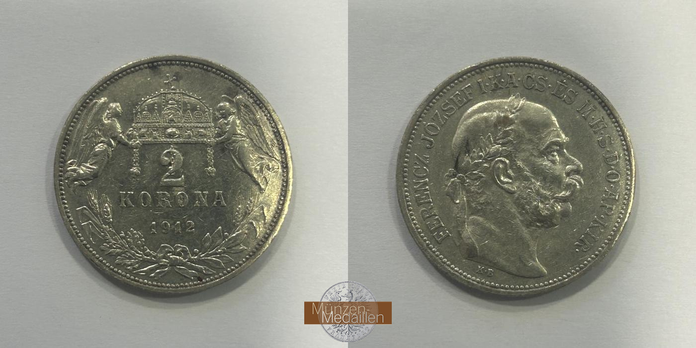 Ungarn, Franz Josef.  2 Korona 1912 KB.  FM-Frankfurt KM#493 Feinsilber: 8,35g   