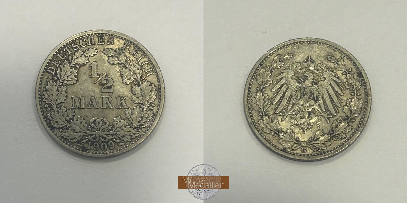  Deutschland.  ½ Mark 1909 G.  FM-Frankfurt  Feinsilber: 2,5g   