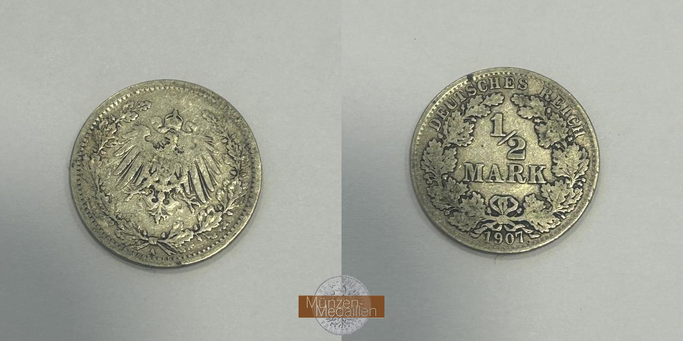  Deutschland.  ½ Mark 1907 A.  FM-Frankfurt  Feinsilber: 2,5g   