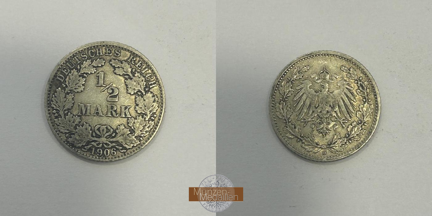  Deutschland.  ½ Mark 1906 D.  FM-Frankfurt   Feinsilber: 2,5g   