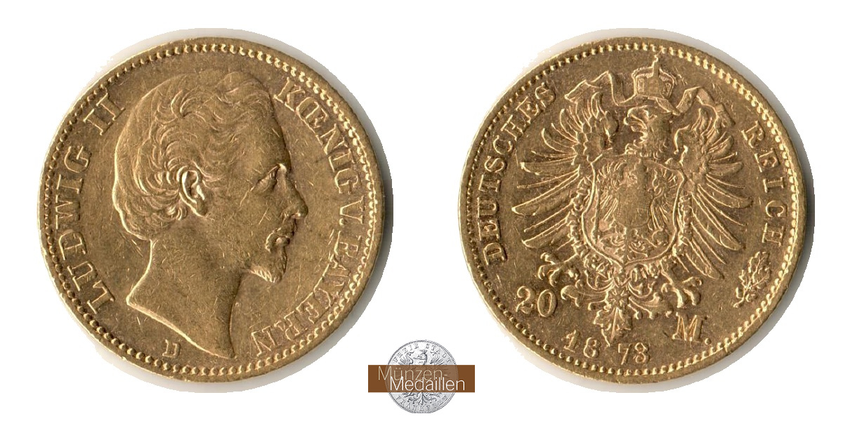 Dt. Kaiserreich, Bayern Ludwig II. MM-Frankfurt KM#894 Feingold: 7,17g 20 Mark 1873 D 
