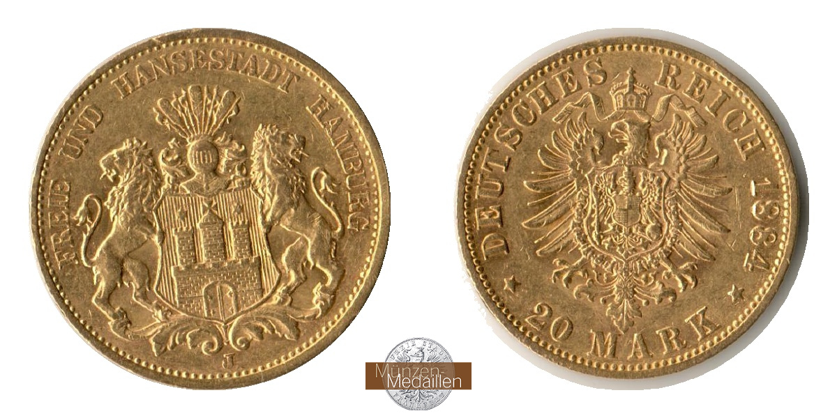 Deutsches Kaiserreich - Hamburg MM-Frankfurt Feingold: 7,17g 20 Mark 1884 J 