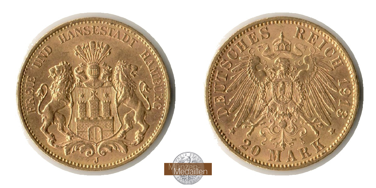 Hamburg, Freie und Hansestadt MM-Frankfurt KM#618 Feingold: 7,17g 20 Mark 1913 J 