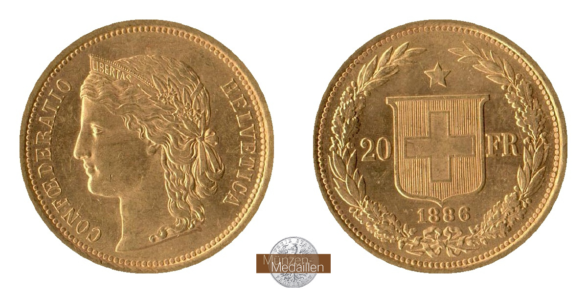 Schweiz MM-Frankfurt Feingewicht: 5,81g 20 Francs 1886 