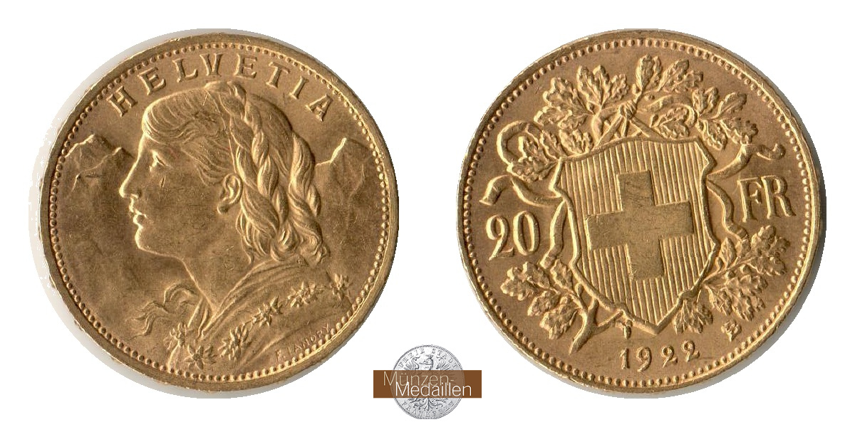  Schweiz 20 Francs Vreneli 1922 (1897-1935) MM-Frankfurt KM#35.1 Feingold: 5,805g   