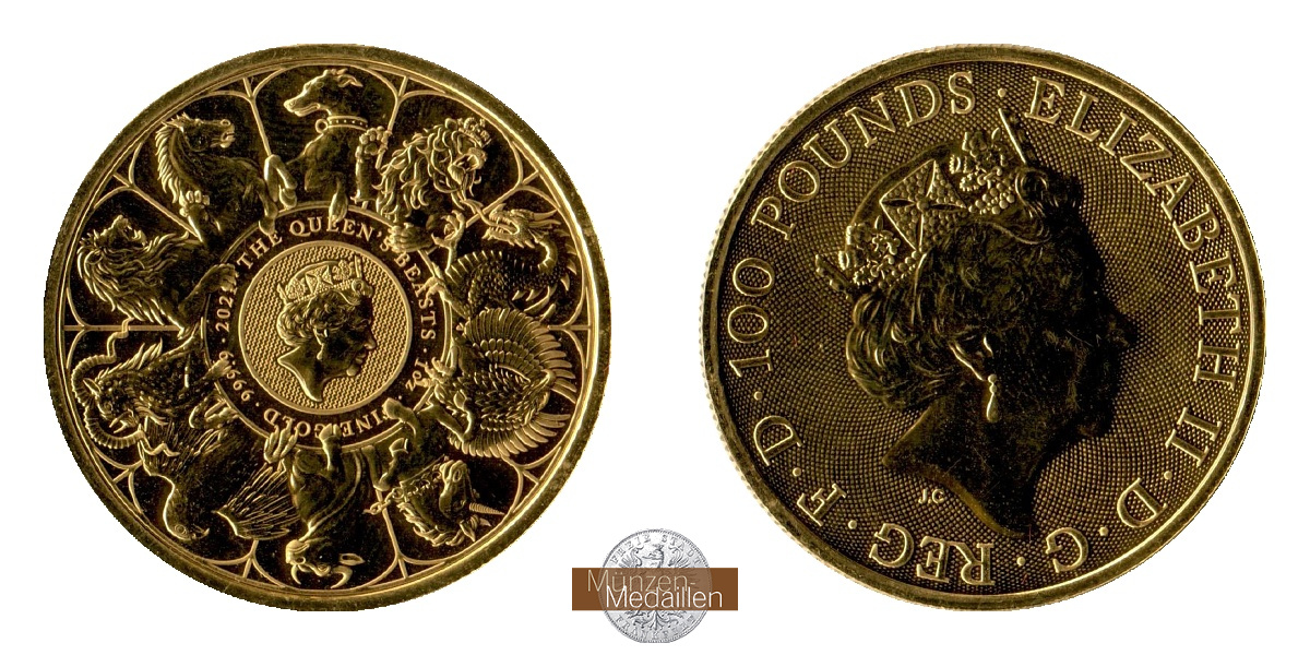 Grossbritannien, Elisabeth II. 1952-2022 MM-Frankfurt Feingold: 31,1g 100 Pounds Queen's Beasts 2021 Completer 