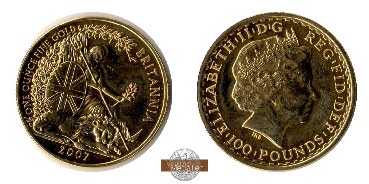 Grossbritannien    100 Pounds MM-Frankfurt Feingold: 31,1g Bitannia 2007 