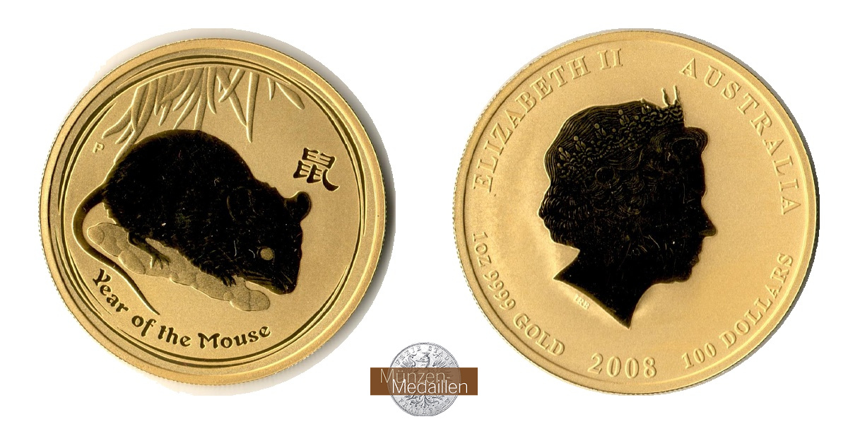 Australien, 100 Dollar MM-Frankfurt Feingold: 31,1g Jahr der Maus 2008 