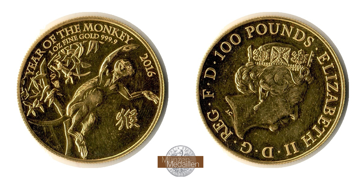 Grossbritannien MM-Frankfurt Feingold: 31,1g 100 Pounds - Queen Elizabeth II 2016 vorzüglich